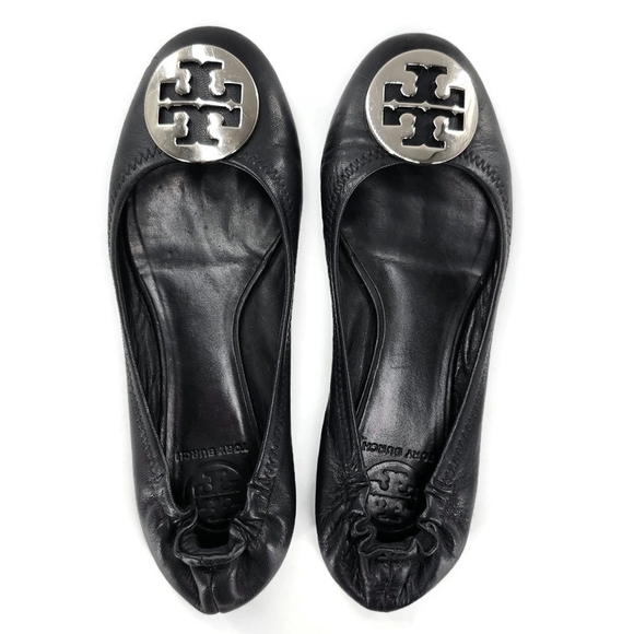 Tory Burch Reva Black Leather Silver-Tone Double-T Medallion Classic Ballet Flat - Picture 7 of 11